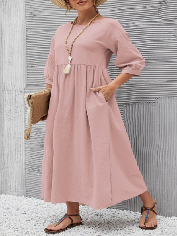 11 Colors Simple Round-neck Color Midi Dress