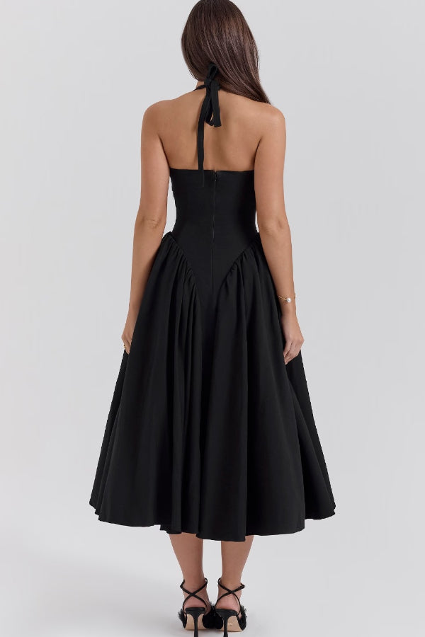Halter Deep V Neck A-line Midi Dresses