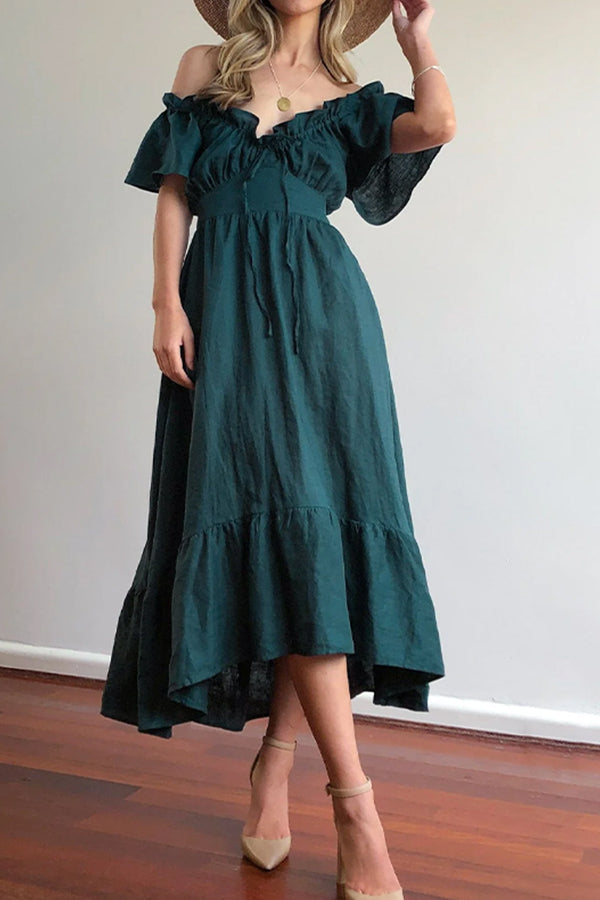Ruffled Edge Off Shoulder Midi Dress