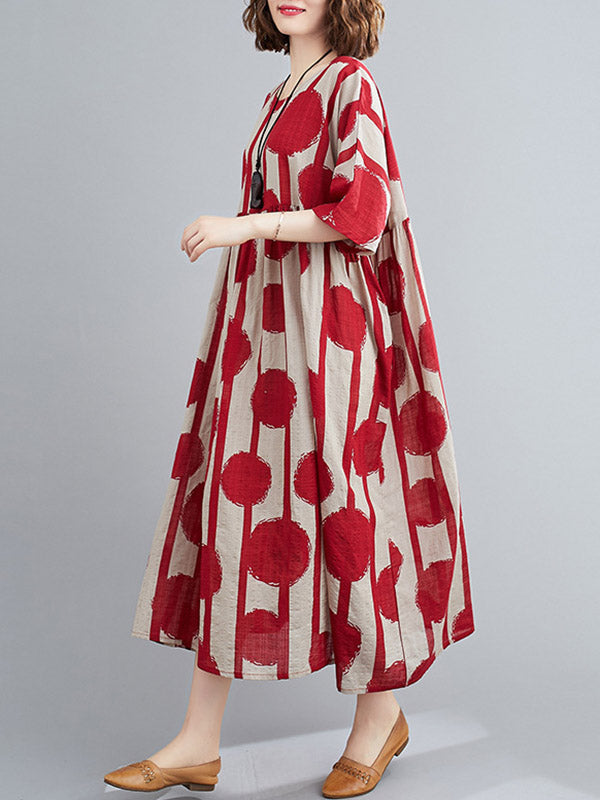 Original Polka-dot Split-joint Round-neck Midi Dress