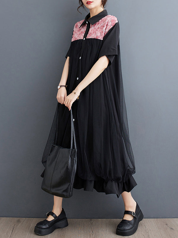 Loose Short Sleeves Falbala Printed Split-joint Lapel Midi Dresses