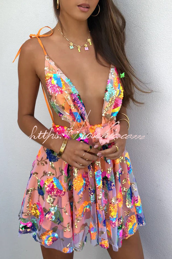 V Neck Open Back Sequined Tie a Line Mini Dress