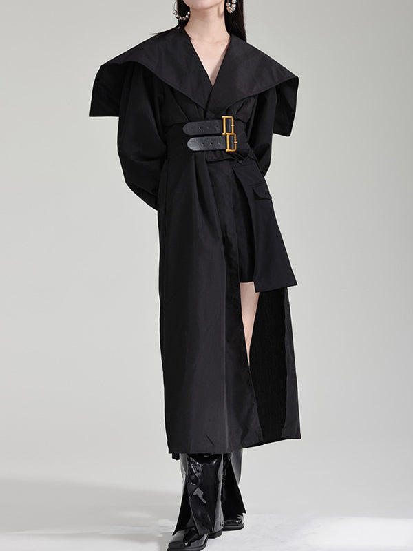 High Waisted Long Sleeves Asymmetric Belted Pleated Color Lapel Midi Dresses