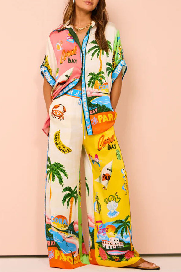 Kissed by the Sun Satin Unique Print Colorblock Elastic Waist Pocketed Wide Leg Pants