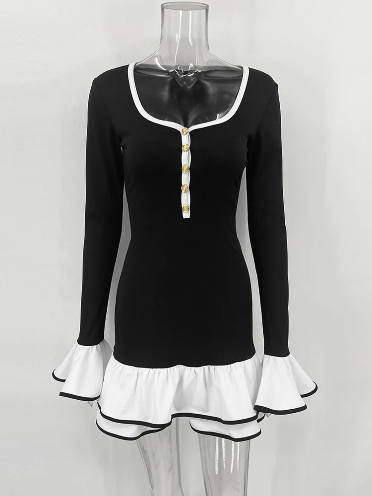 Ruffled Backless Tee Bow Mini Dress Female Slim High Waist Party Dress Commute Clothes Autumn Dress