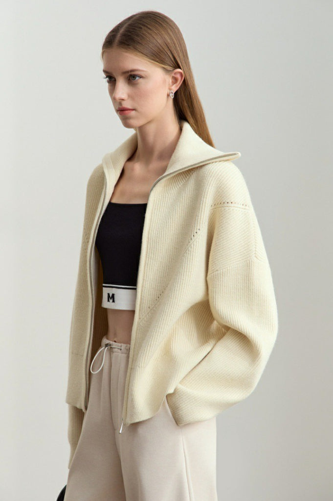 Naval-collar Zip Lazy-style Thick Knit Cardigan