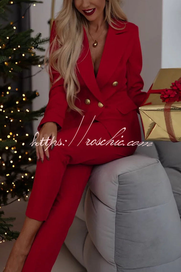 Time to Charm Lapel Button Pocket Long Sleeve Blazer Elastic Waist Pants Suit