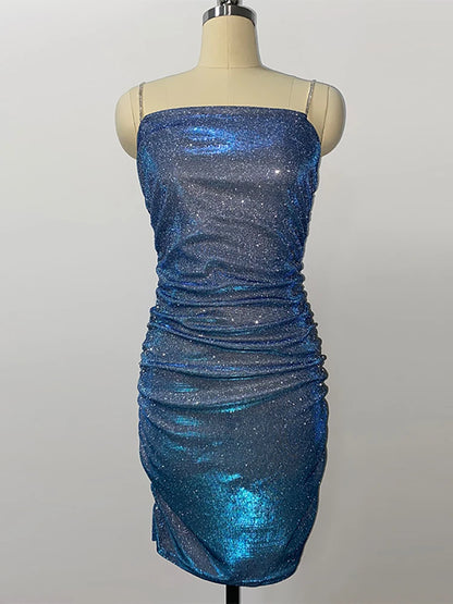 Sparkly Party Dress Rhinestone Straps Pleated Bodycon Mini Dresses Sleeveless Evening Vestidos