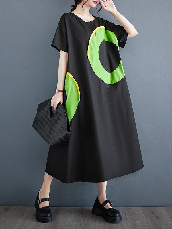 Loose Short Sleeves Contrast Color Pockets Printed Round-neck Midi Dresses