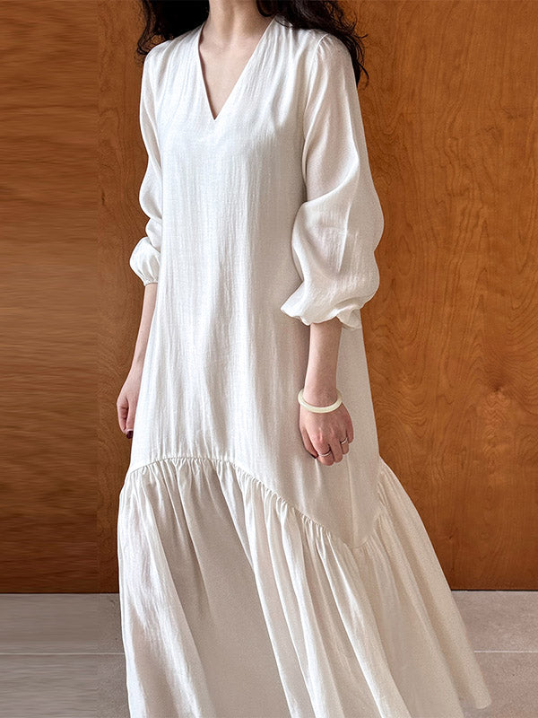High Waisted Long Sleeves Elasticity Pleated Color Split-joint Zipper V-neck Midi Dresses