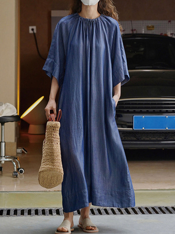 Loose Raglan Sleeve Drawstring Lace-up Pleated Color Round-neck Midi Dresses
