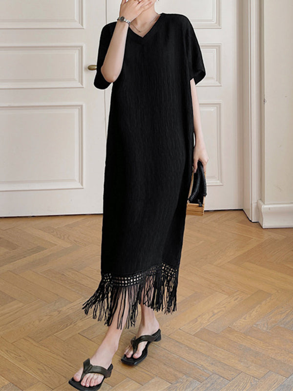 Loose Short Sleeves Color Split-joint Tasseled V-neck Midi Dresses
