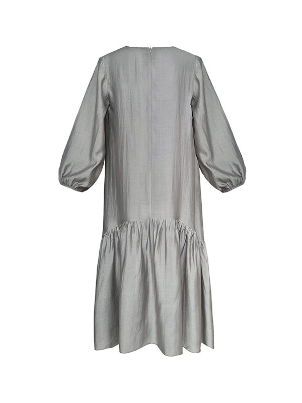 High Waisted Long Sleeves Elasticity Pleated Color Split-joint Zipper V-neck Midi Dresses