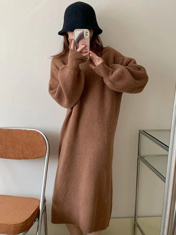 Long Sleeves Loose Color High Neck Midi Dresses Sweater Dresses