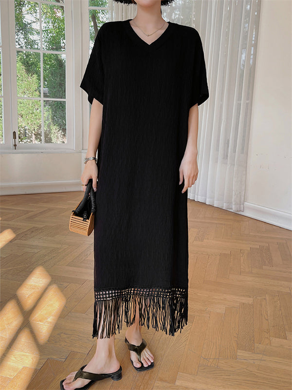 Loose Short Sleeves Color Split-joint Tasseled V-neck Midi Dresses