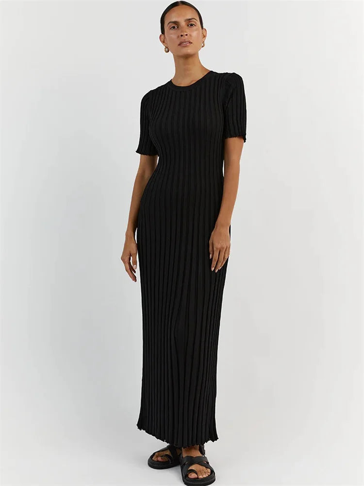Ribbed Short Sleeve Maxi Dress Knitwear Lace-up High Waist Patchwork Dress Autumn Female Knit Dress New