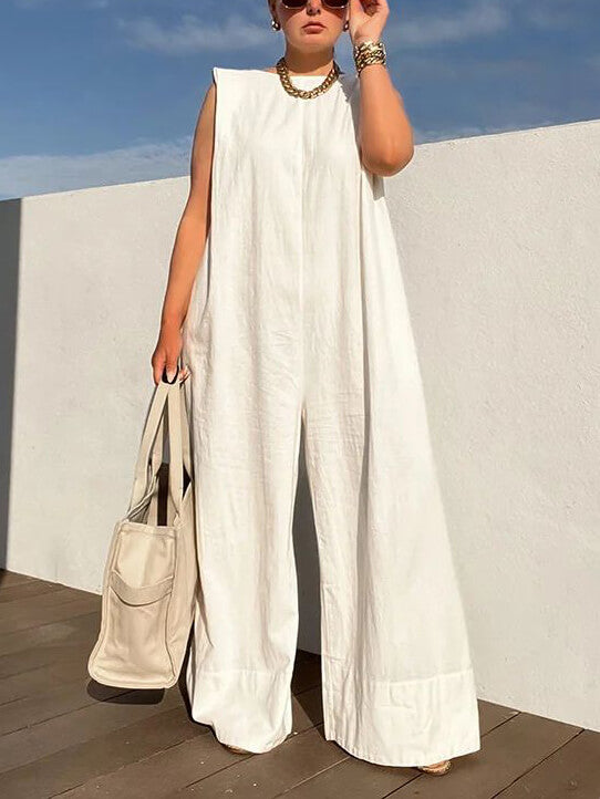Color Loose Sleeveless Round Neck Wide Leg Trousers Jumpsuit