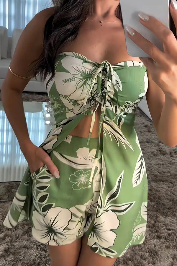 Print Bandeau Drawstring Top and Elastic Waist Pocket Shorts Set