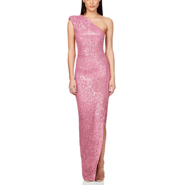 One Shoulder High Waist Slit Evening Dress Sequin Sleeveless Party Dresses New Slim Long Dresses for