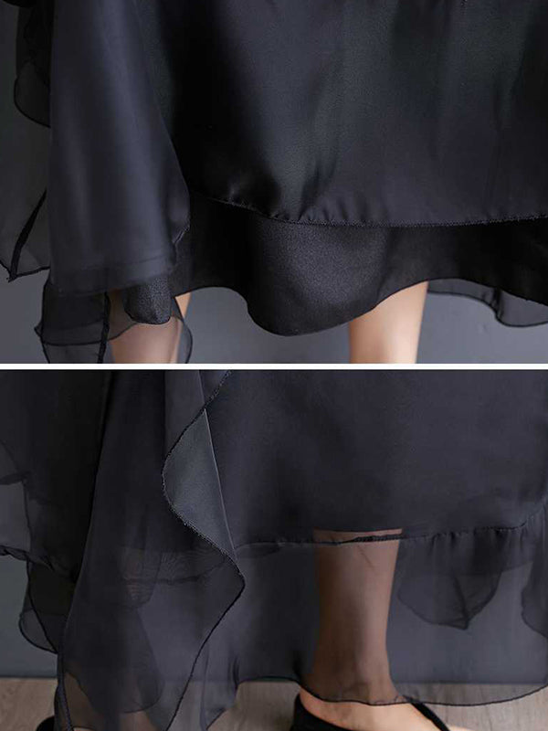 Loose Ruffle Sleeves Falbala Ruffled Color Round-neck Midi Dresses