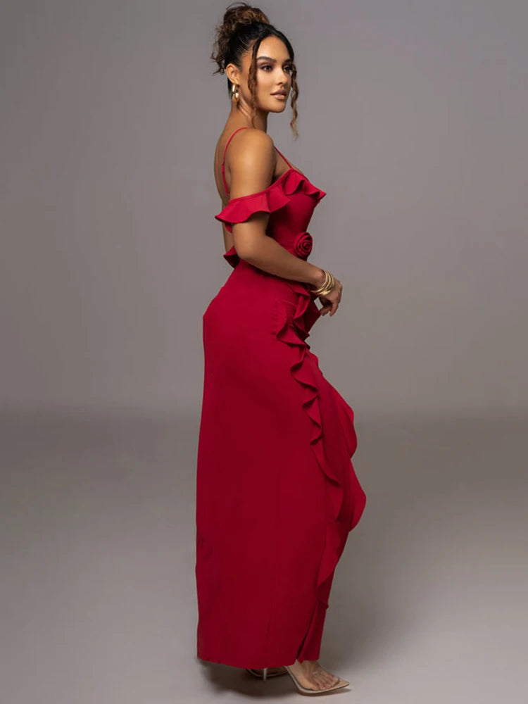 Ruffle Maxi Dress Spaghetti Strap Flower Sleeveless Backless High Split Club Party Evening Dress