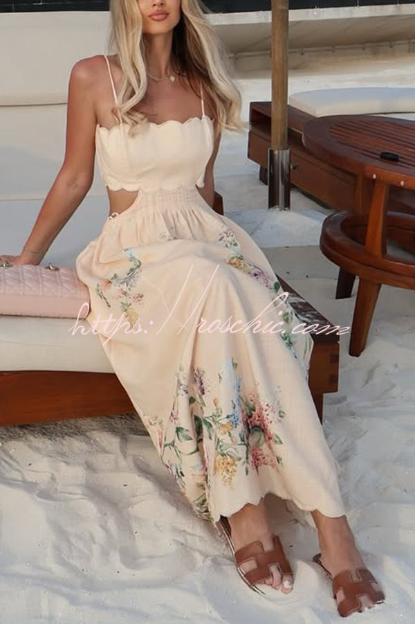 Cabo Sunsets Print Petal Trim Back Lace-up Midi Dress