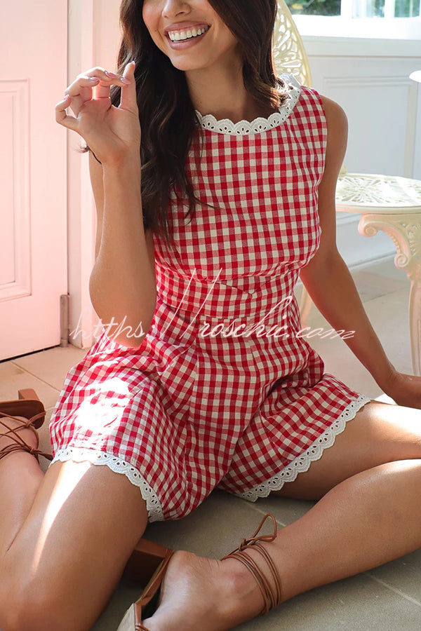 Plaid Print Sleeveless Pleated Waist Rompers