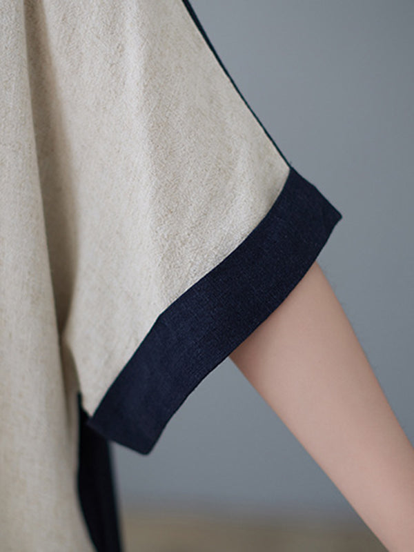 Half Sleeves Loose Contrast Color Round-neck Midi Dresses