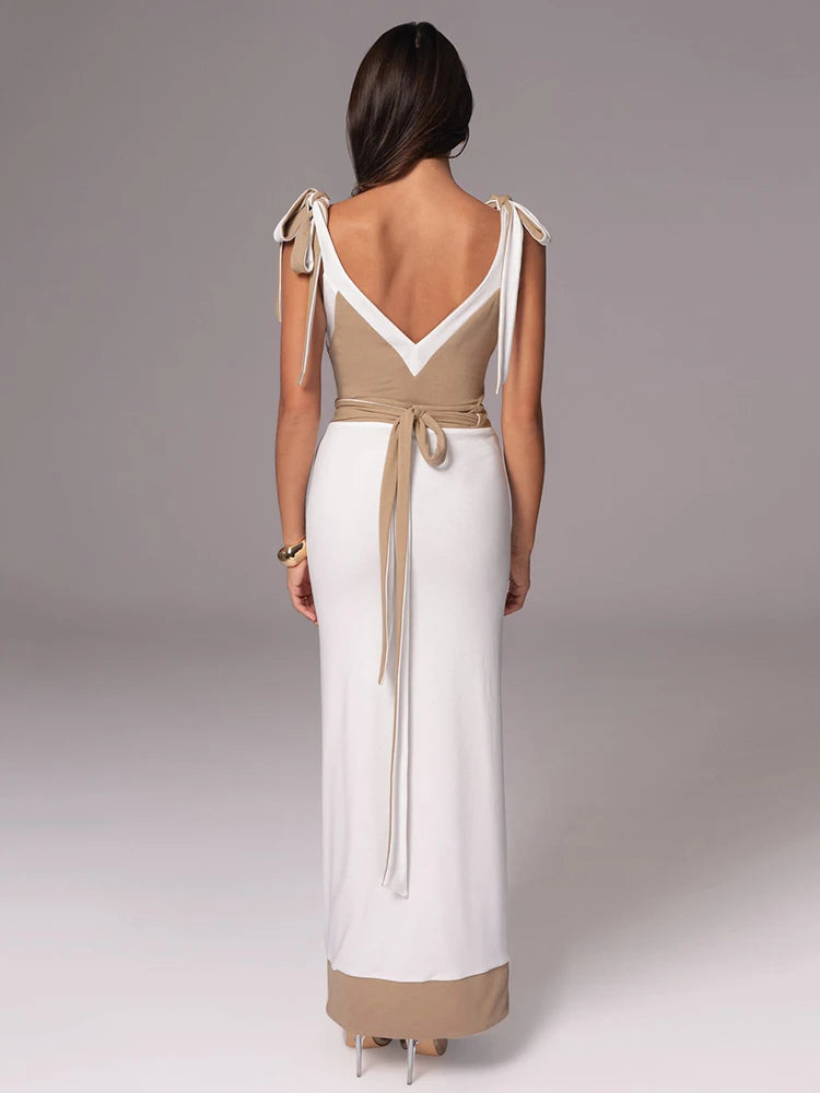 Sleeveless Deep V Tight Bobysuit Top Skirt Two-piece Set Patchwork Party Autumn Winter New Set
