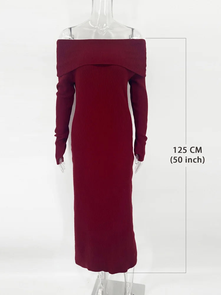 Knit Long Dress Off-shoulder Female Ribbed Loose High Waist Autumn Party Dress Knitwear Maxi Dress