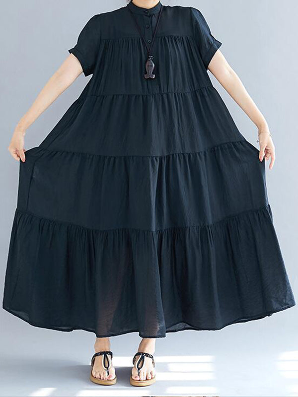 Loose Split-joint Pleated Short Sleeves Round-neck Midi Dress