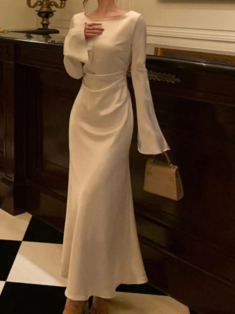 Autumn Satin Long Dresses for Flare Sleeve Slim Mermaid Spring French Wedding Party Prom Robe Vestidos Para Mujer