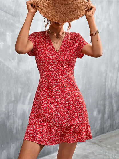 Summer Short Dress V Neck Print Party Dress Flower Mini Dress for