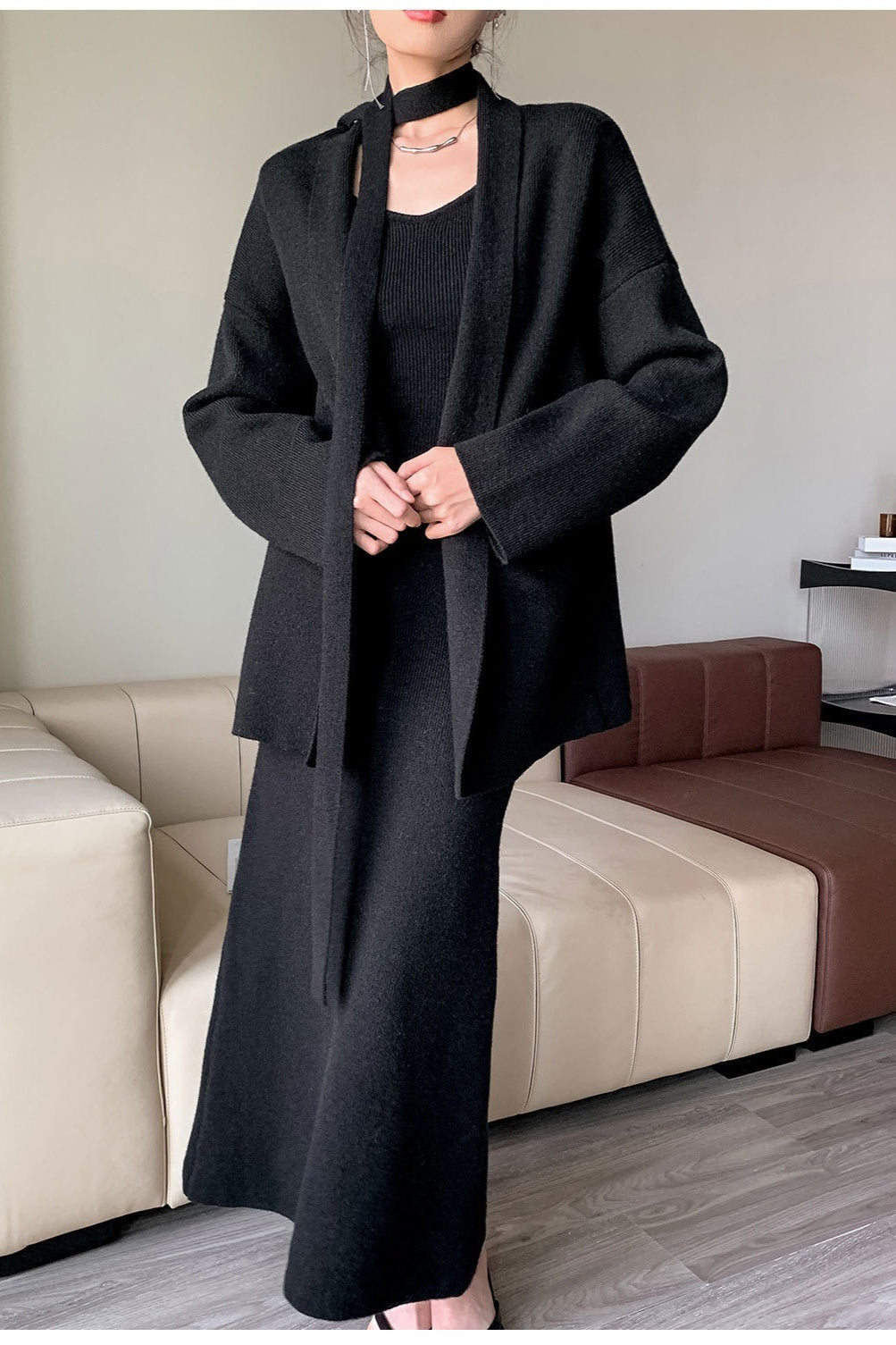 Ribbed High-end Knit Cardigan Tank Wide-leg Pants Three Piece Set