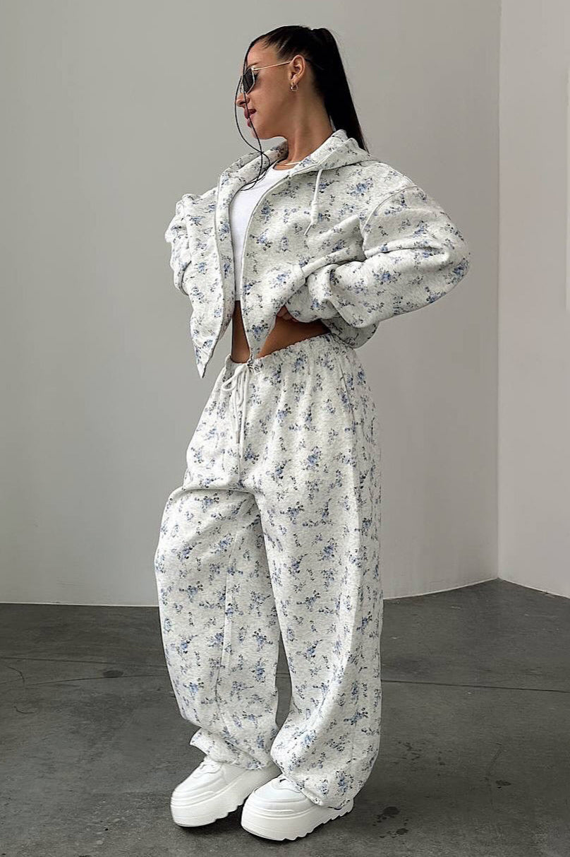 Cropped Zip Hoodie Drawstring Wide-leg Pants Two Piece Set