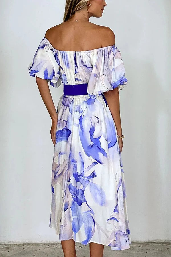 Print Puff Sleeve Tie-waist Midi Dress