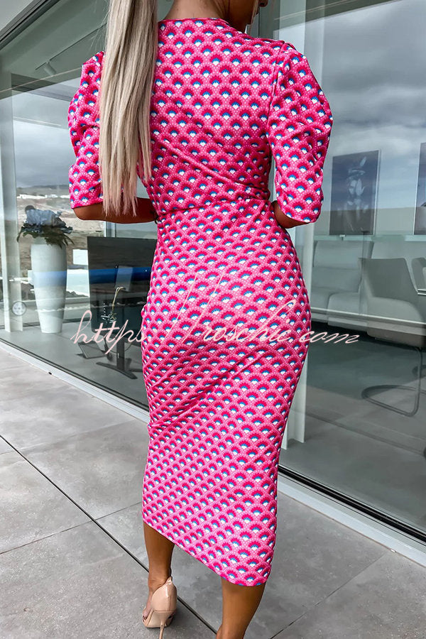 Late Night Gala Satin Printed Puff Sleeve Midi Dress