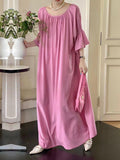 Half Sleeves Loose Color Round-neck Midi Dresses