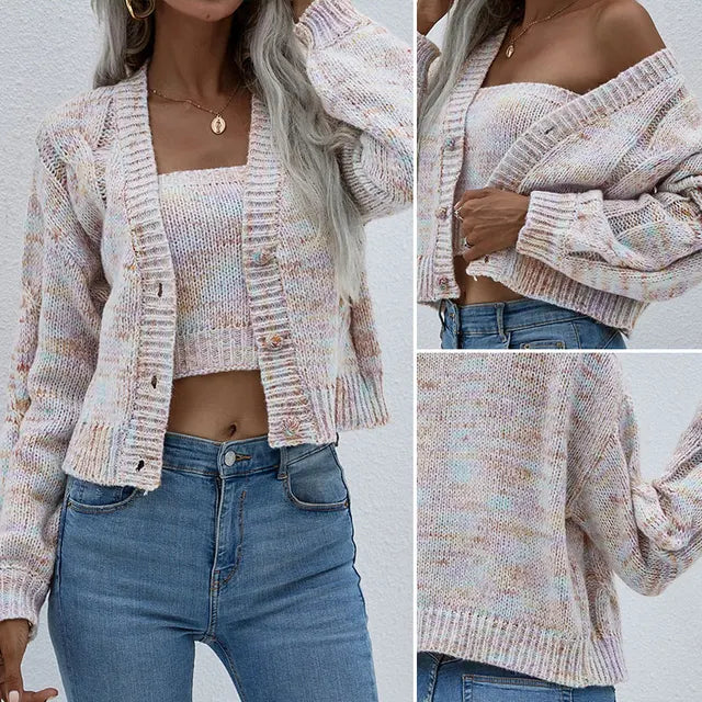 High Street Knitted Sweater 2 Piece Top and Vest Set for Cropped Long Sleeve Tops New Cardigan Knitwear
