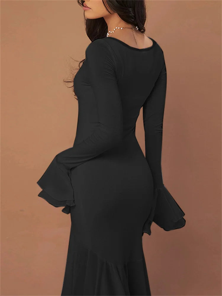 Ruffled Square Collar Maxi Dress for Bandage Slim See-through High Waist Party Dress Gown ’s Long Dress