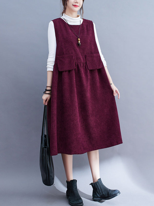 Artistic Retro Loose Sleeveless Color Round-neck Midi Dresses