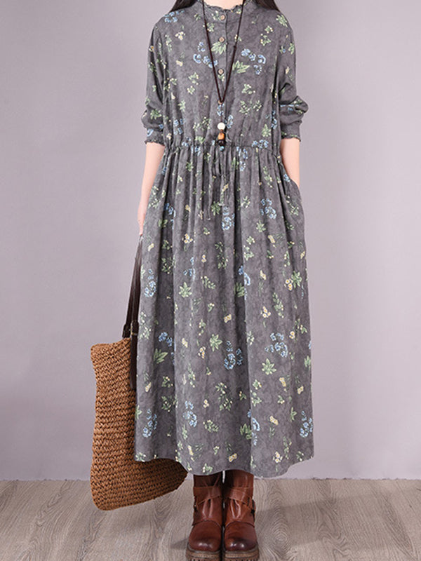 Printed Ramie Cotton Loose Midi Dress