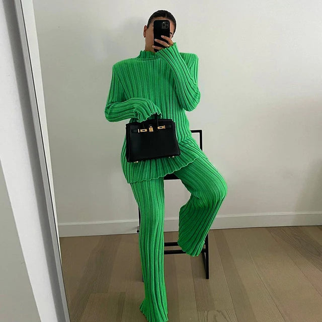 Ribbed ’s Turtleneck Sweater Green Long Sleeve Shrugs Knitwear Jumper Female Knitted Tops Autumn Winter
