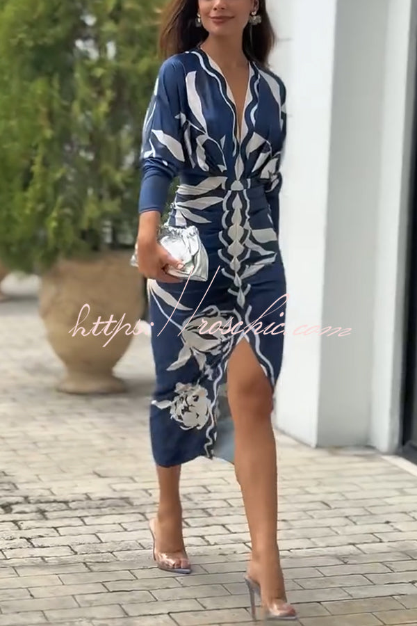 Caliana Unique Print Dolman Long Sleeve Ruched Slit Midi Dress