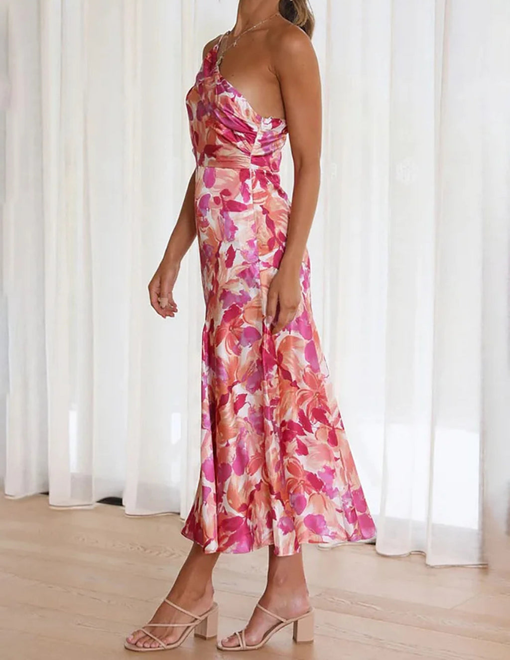 Pink One Shoulder Ruched Satin Dress