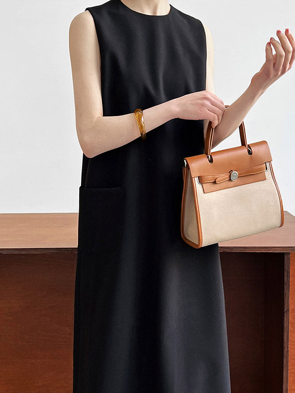 High Waisted Loose Pockets Color Split-back Zipper Round-neck Midi Dresses