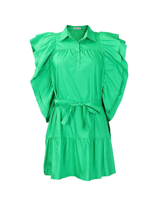 A-line High Waisted Buttoned Pleated Ruffled Color Tied Waist Lapel Mini Dresses