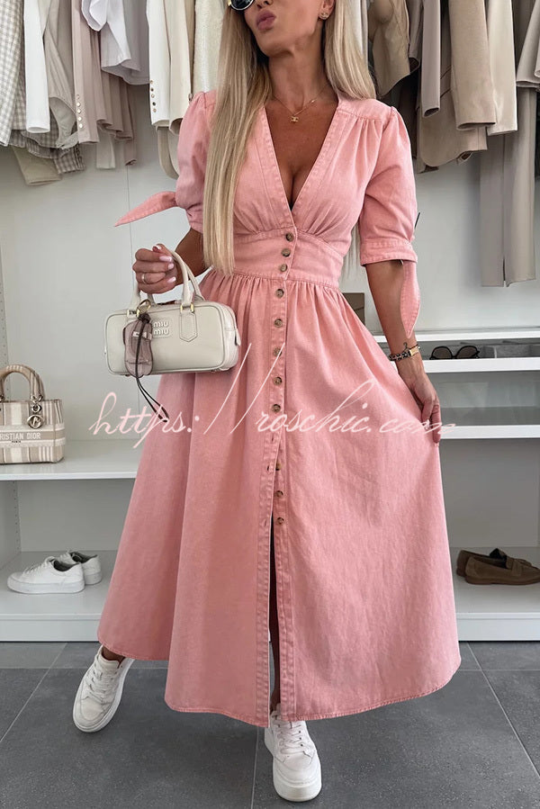 Color V-neck Button-down Denim Midi Dress