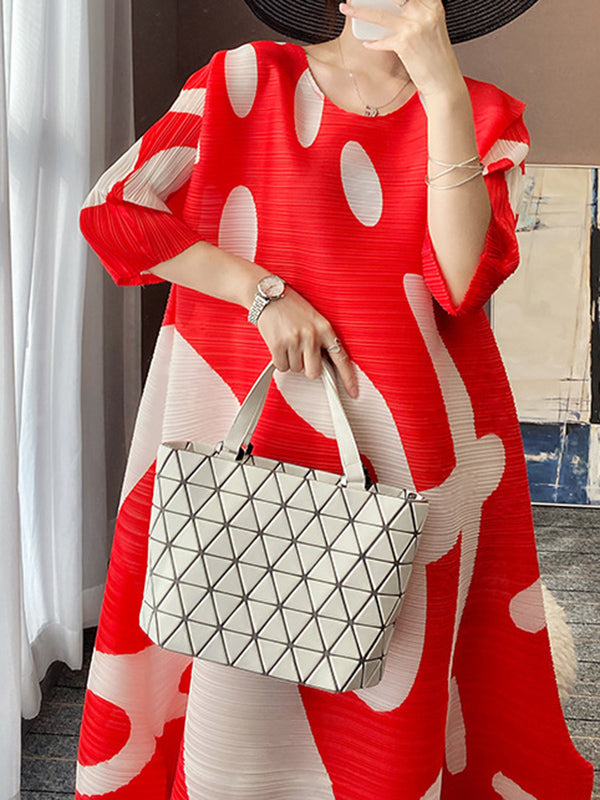 Loose Three-quarter Sleeves Pleated Printed Round-neck Midi Dresses