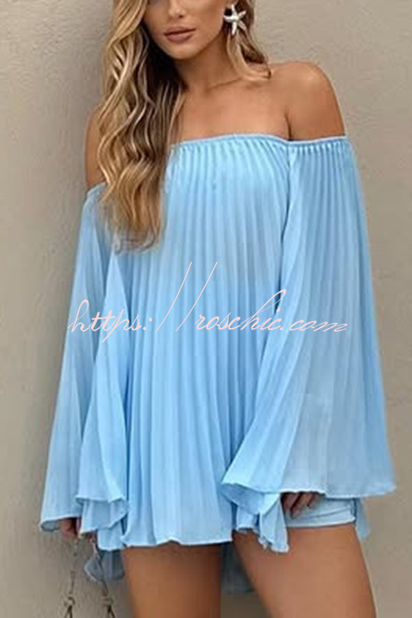 Off-the-shoulder Pleated Loose Top and Elastic Waist Shorts Set